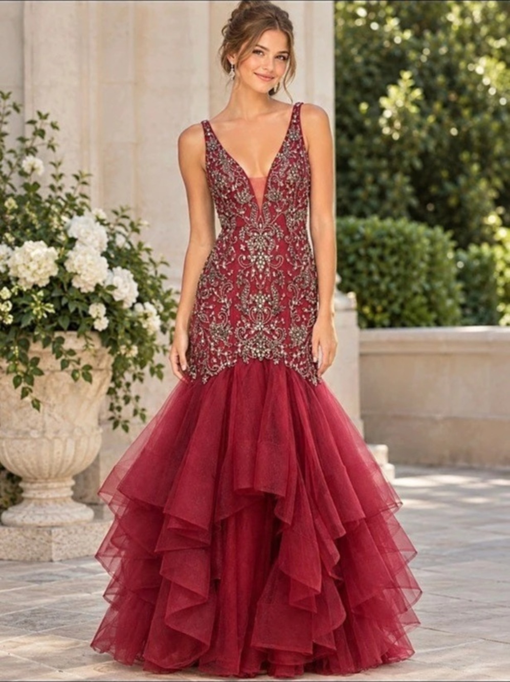 Special edition Red Beaded sleeveless Mermaid Prom Dress